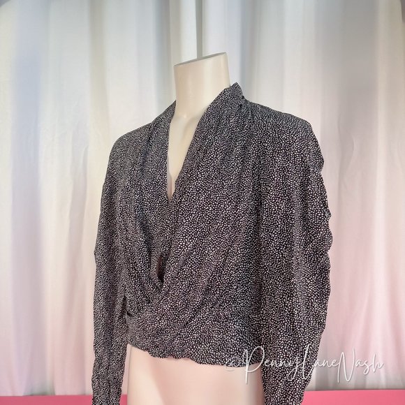 Express Draped Printed Faux Wrap Front Blouse Top Black/White - Picture 2 of 8